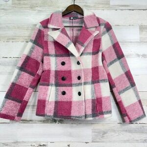 M Made In Italy Womens Peacoat Plaid Jacket‎ Pink White Gray Wool Blend Size XS
